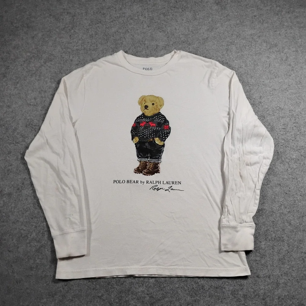 Polo Ralph Lauren Bear Long Sleeve Shirt Youth L 14-16 White Holiday Graphic